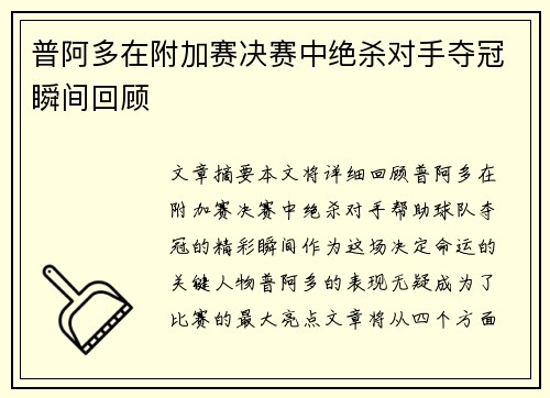 普阿多在附加赛决赛中绝杀对手夺冠瞬间回顾